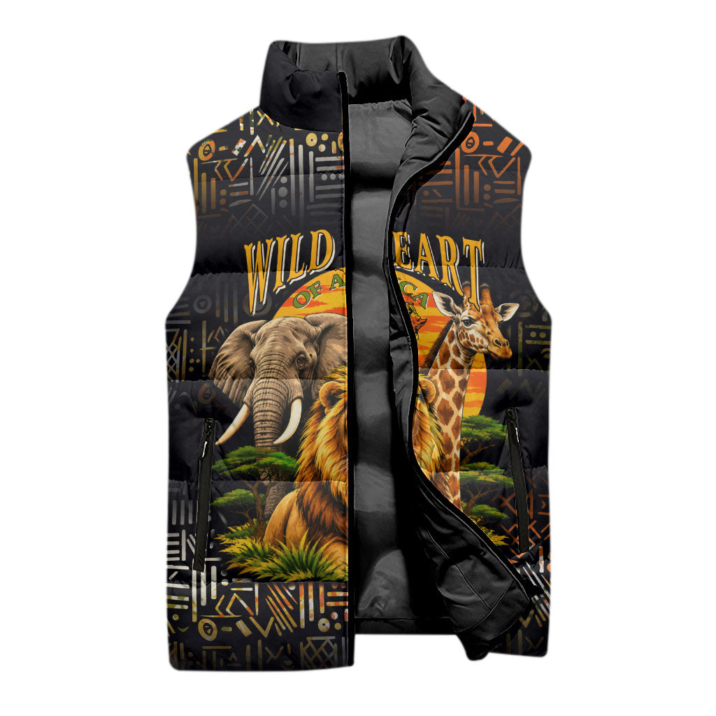 African Wildlife Heart Sleeveless Puffer Jacket Safari Sunset Lion Elephant Giraffe Tribal Pattern