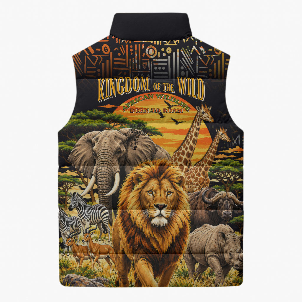 African Wildlife Heart Sleeveless Puffer Jacket Safari Sunset Lion Elephant Giraffe Tribal Pattern
