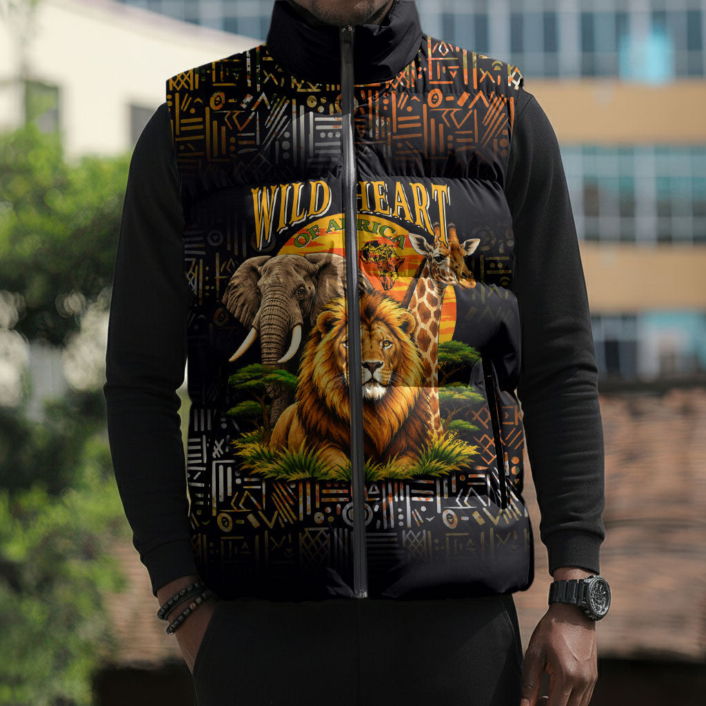 African Wildlife Heart Sleeveless Puffer Jacket Safari Sunset Lion Elephant Giraffe Tribal Pattern