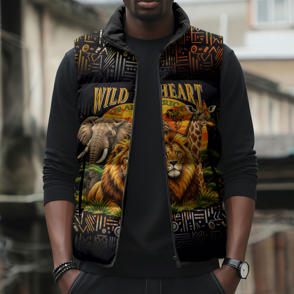 African Wildlife Heart Sleeveless Puffer Jacket Safari Sunset Lion Elephant Giraffe Tribal Pattern