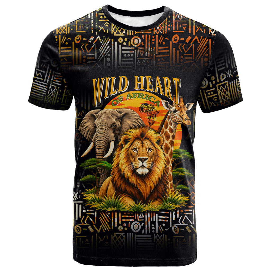 African Wildlife Heart T shirt Safari Sunset Lion Elephant Giraffe Tribal Pattern