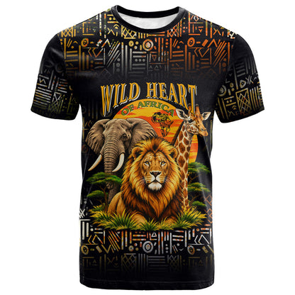 African Wildlife Heart T shirt Safari Sunset Lion Elephant Giraffe Tribal Pattern