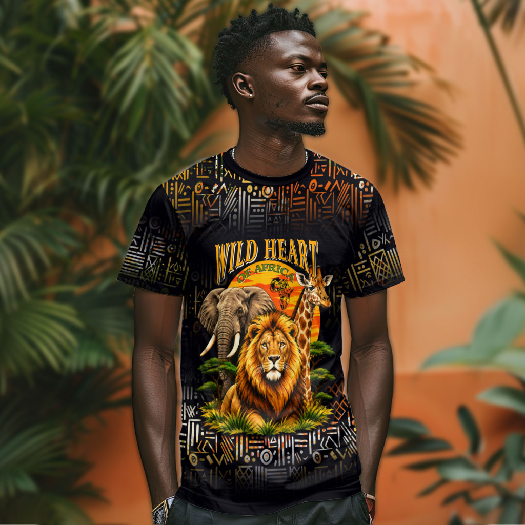 African Wildlife Heart T shirt Safari Sunset Lion Elephant Giraffe Tribal Pattern