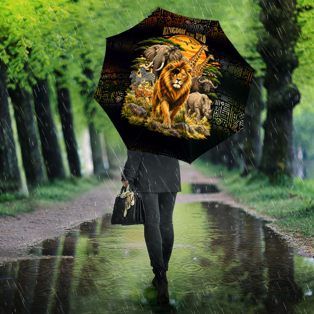 African Wildlife Heart Umbrella Safari Sunset Lion Elephant Giraffe Tribal Pattern