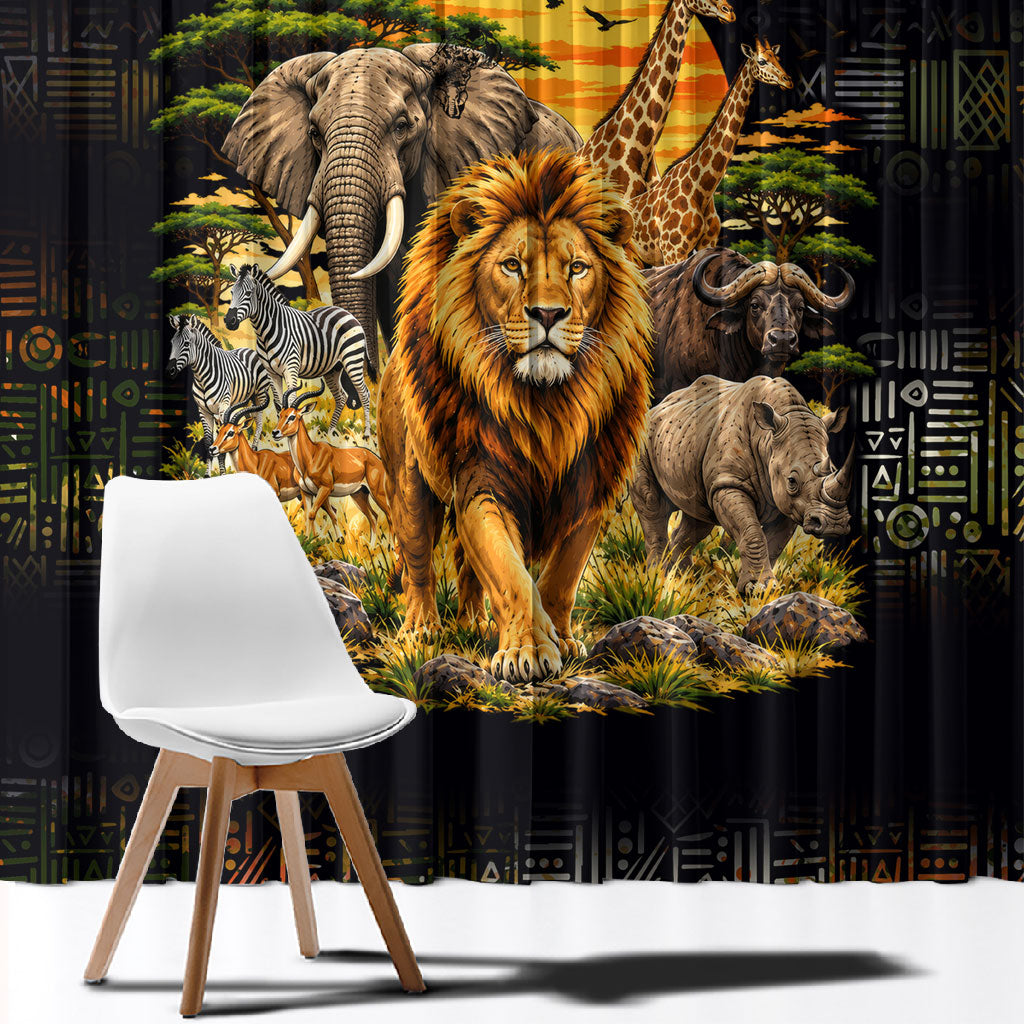 African Wildlife Heart Window Curtain Safari Sunset Lion Elephant Giraffe Tribal Pattern