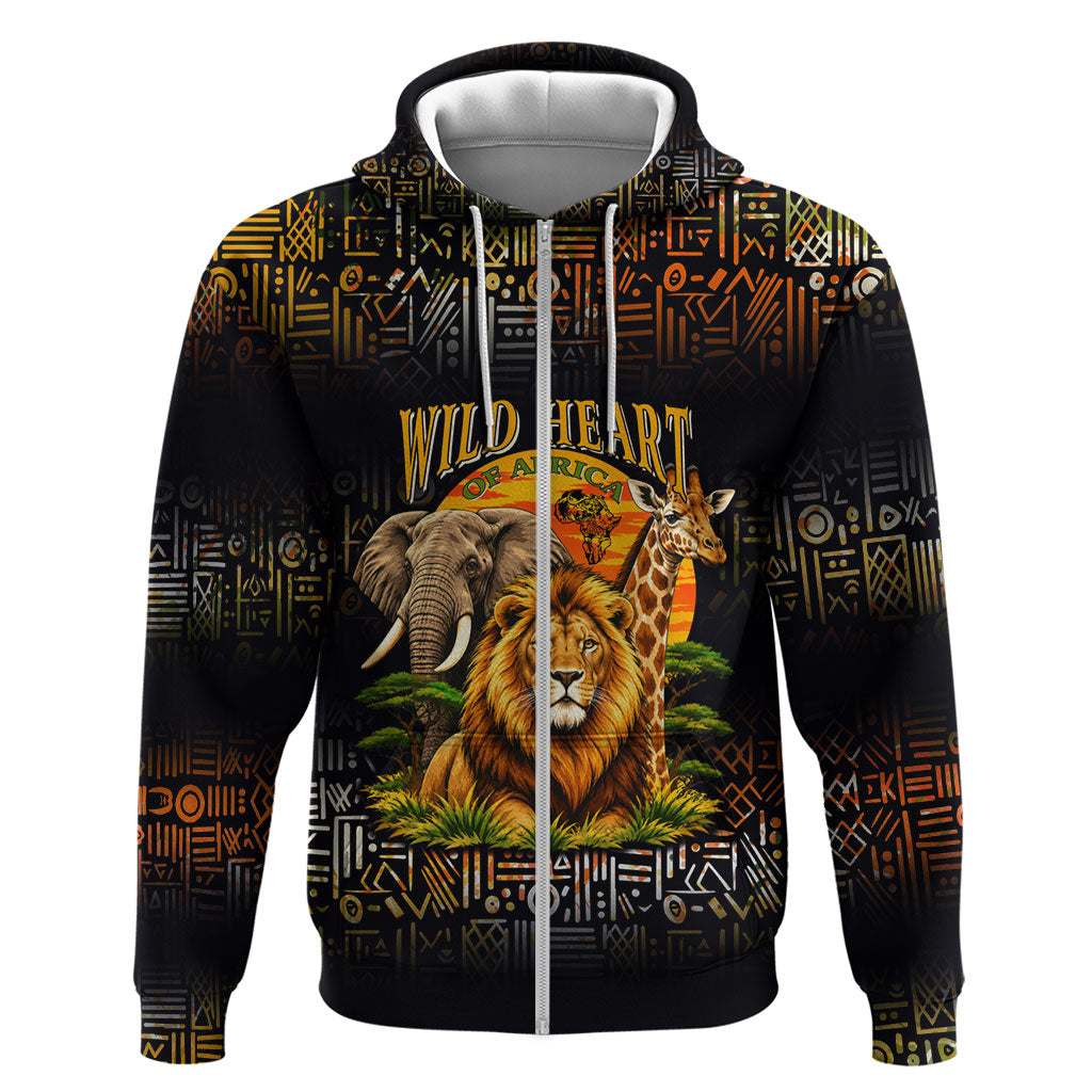 African Wildlife Heart Zip Hoodie Safari Sunset Lion Elephant Giraffe Tribal Pattern