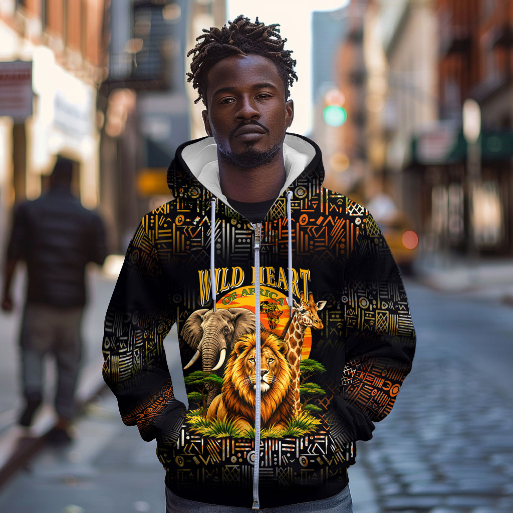 African Wildlife Heart Zip Hoodie Safari Sunset Lion Elephant Giraffe Tribal Pattern