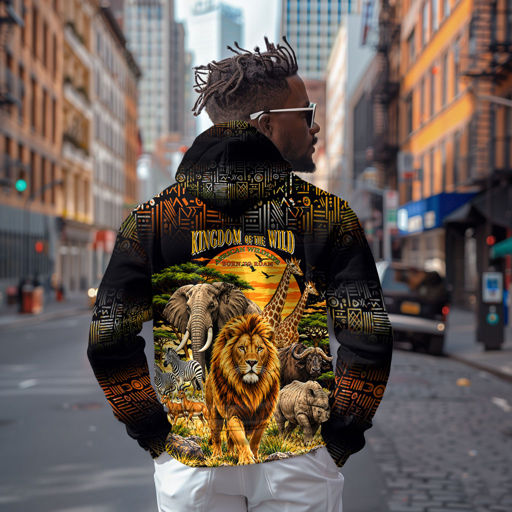 African Wildlife Heart Zip Hoodie Safari Sunset Lion Elephant Giraffe Tribal Pattern