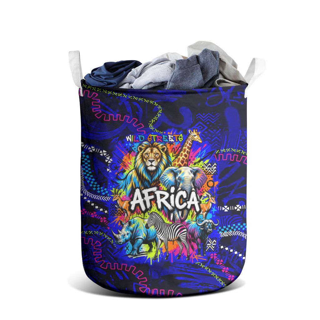African Wildlife Born Wild Laundry Basket Colorful Graffiti Street Art - Tribal Safari Lion Elephant
