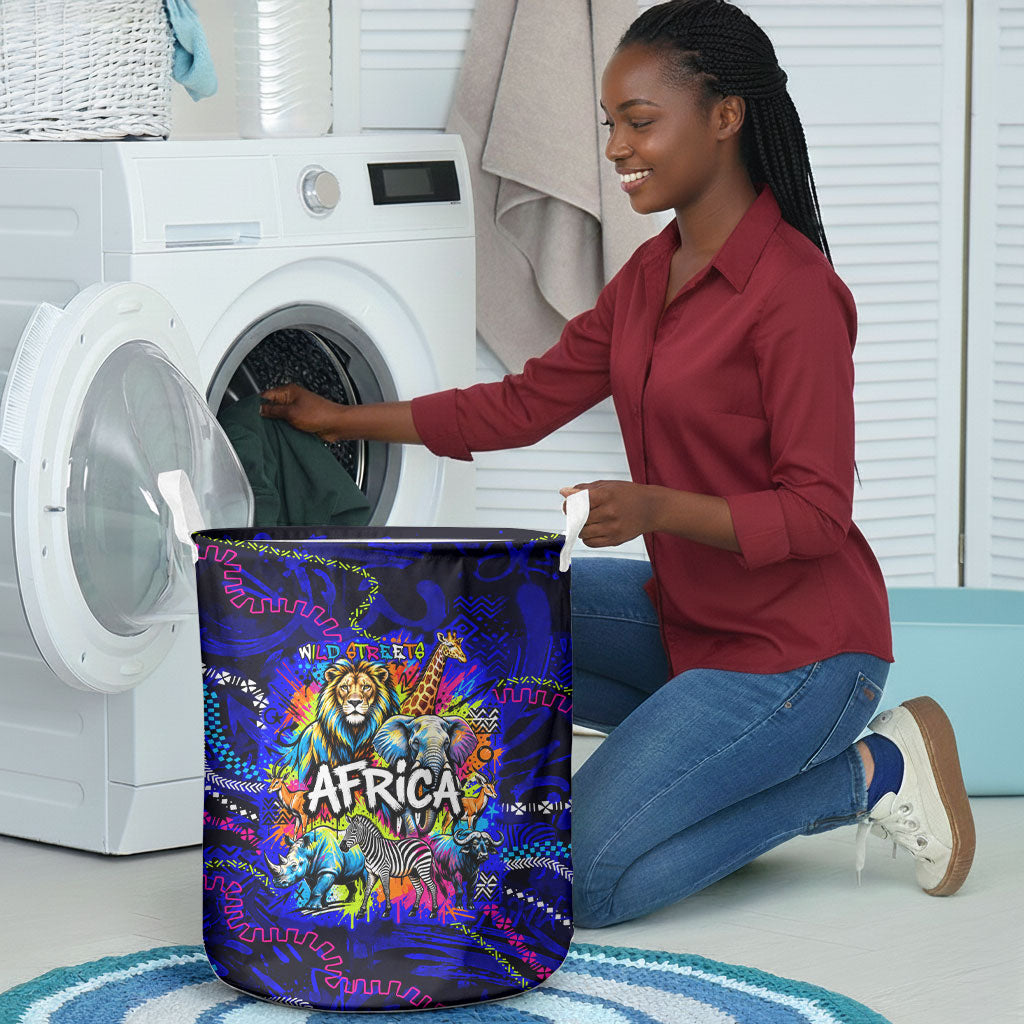 African Wildlife Born Wild Laundry Basket Colorful Graffiti Street Art - Tribal Safari Lion Elephant