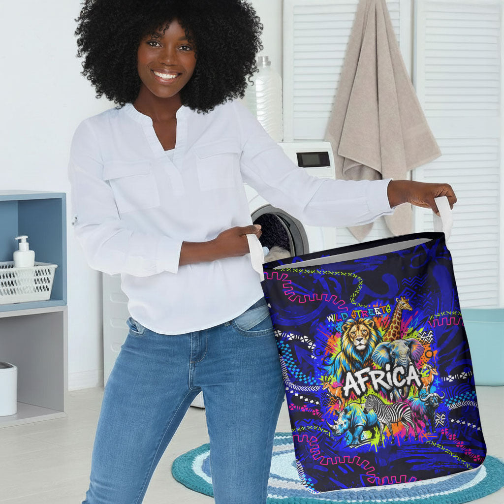 African Wildlife Born Wild Laundry Basket Colorful Graffiti Street Art - Tribal Safari Lion Elephant