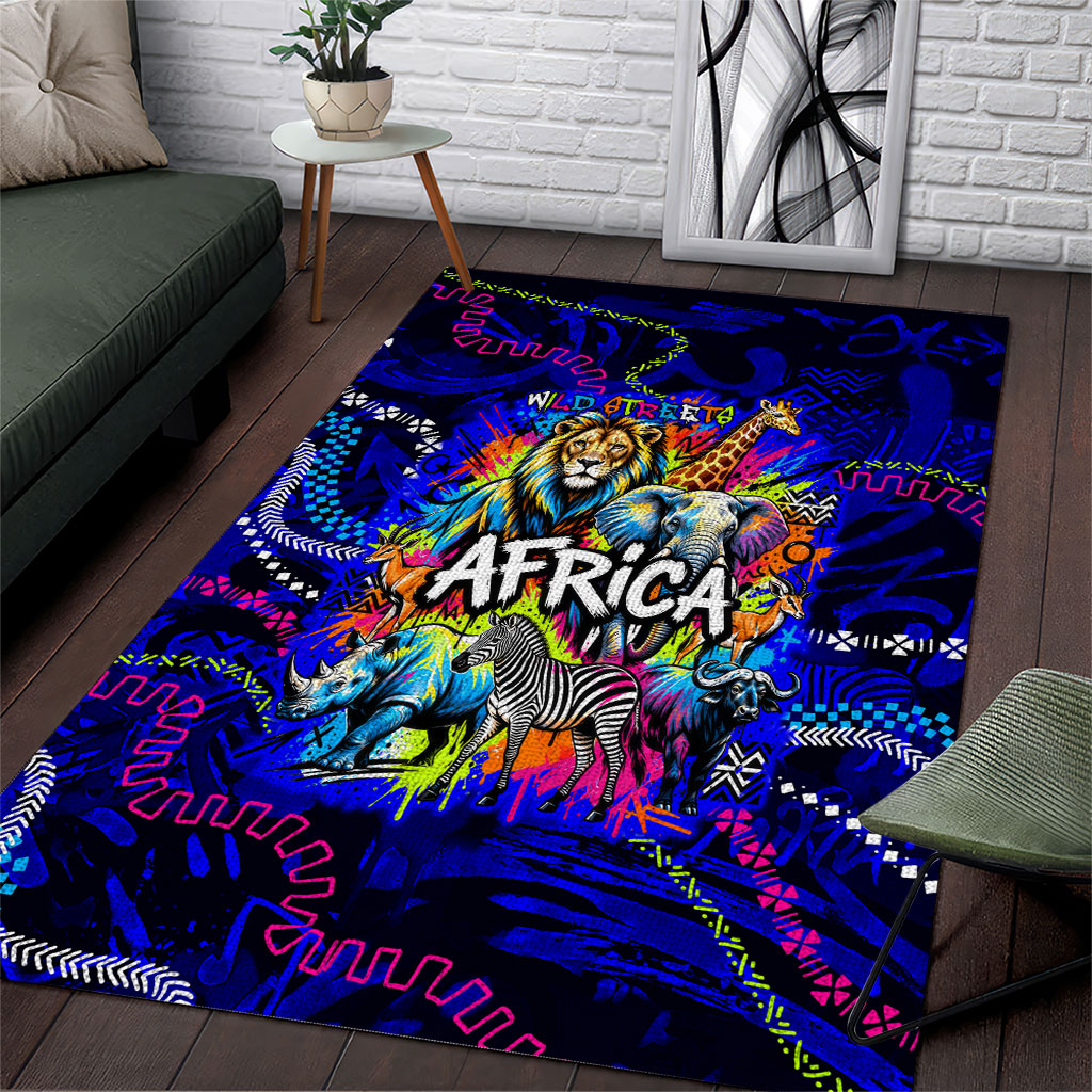 African Wildlife Born Wild Area Rug Colorful Graffiti Street Art - Tribal Safari Lion Elephant