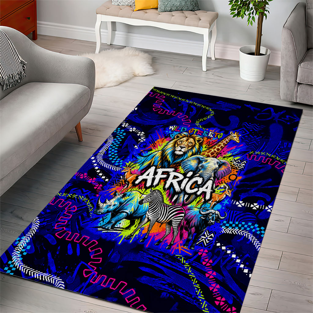 African Wildlife Born Wild Area Rug Colorful Graffiti Street Art - Tribal Safari Lion Elephant