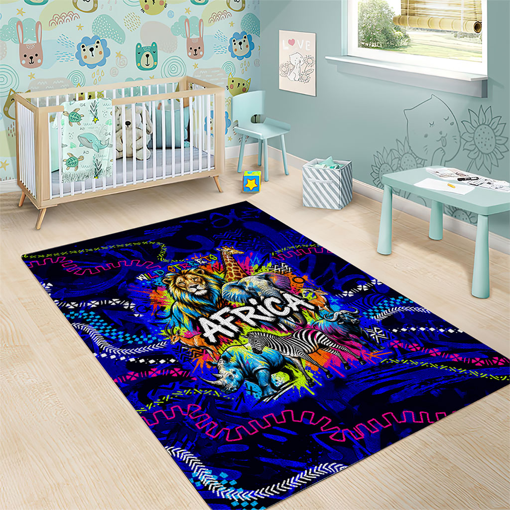 African Wildlife Born Wild Area Rug Colorful Graffiti Street Art - Tribal Safari Lion Elephant