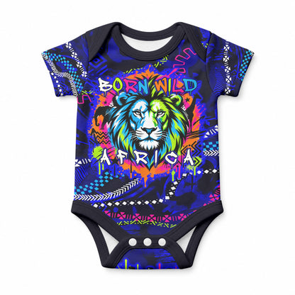 African Wildlife Born Wild Baby Onesie Colorful Graffiti Street Art - Tribal Safari Lion Elephant