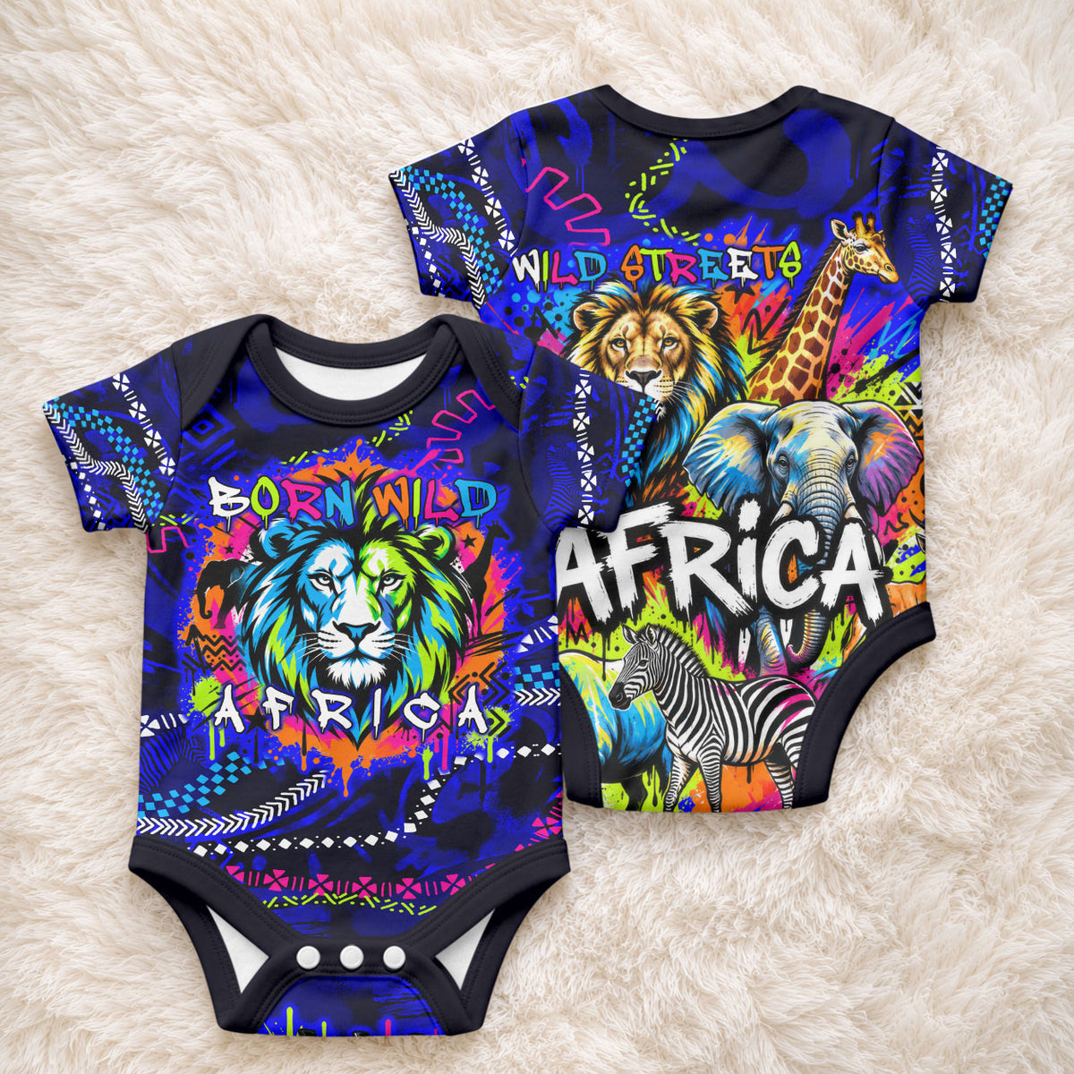 African Wildlife Born Wild Baby Onesie Colorful Graffiti Street Art - Tribal Safari Lion Elephant