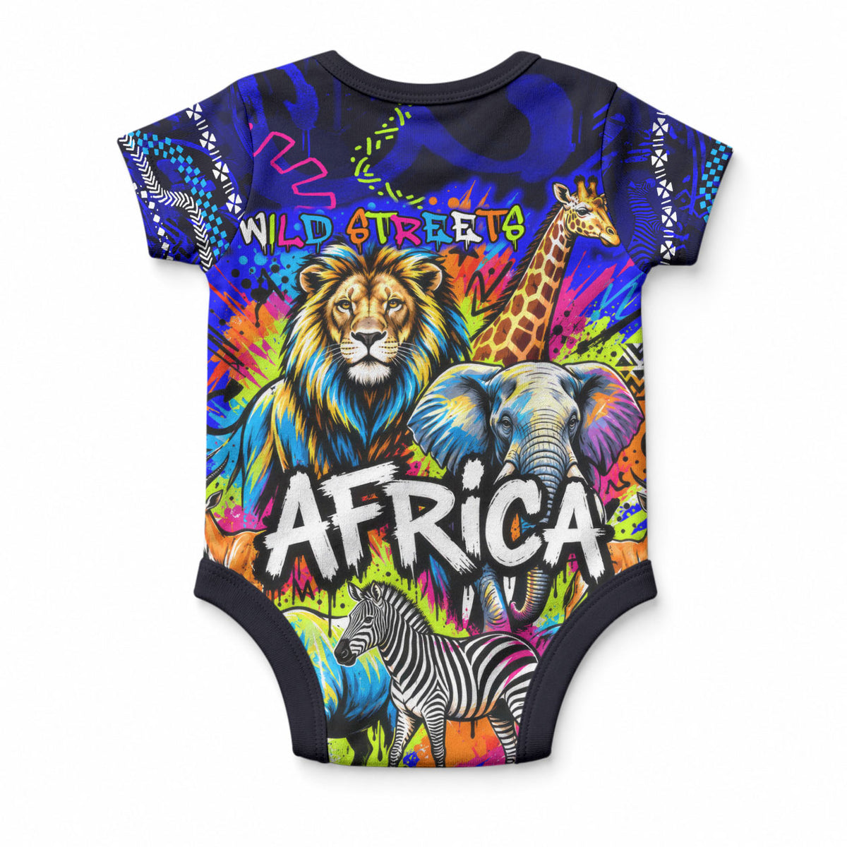 African Wildlife Born Wild Baby Onesie Colorful Graffiti Street Art - Tribal Safari Lion Elephant