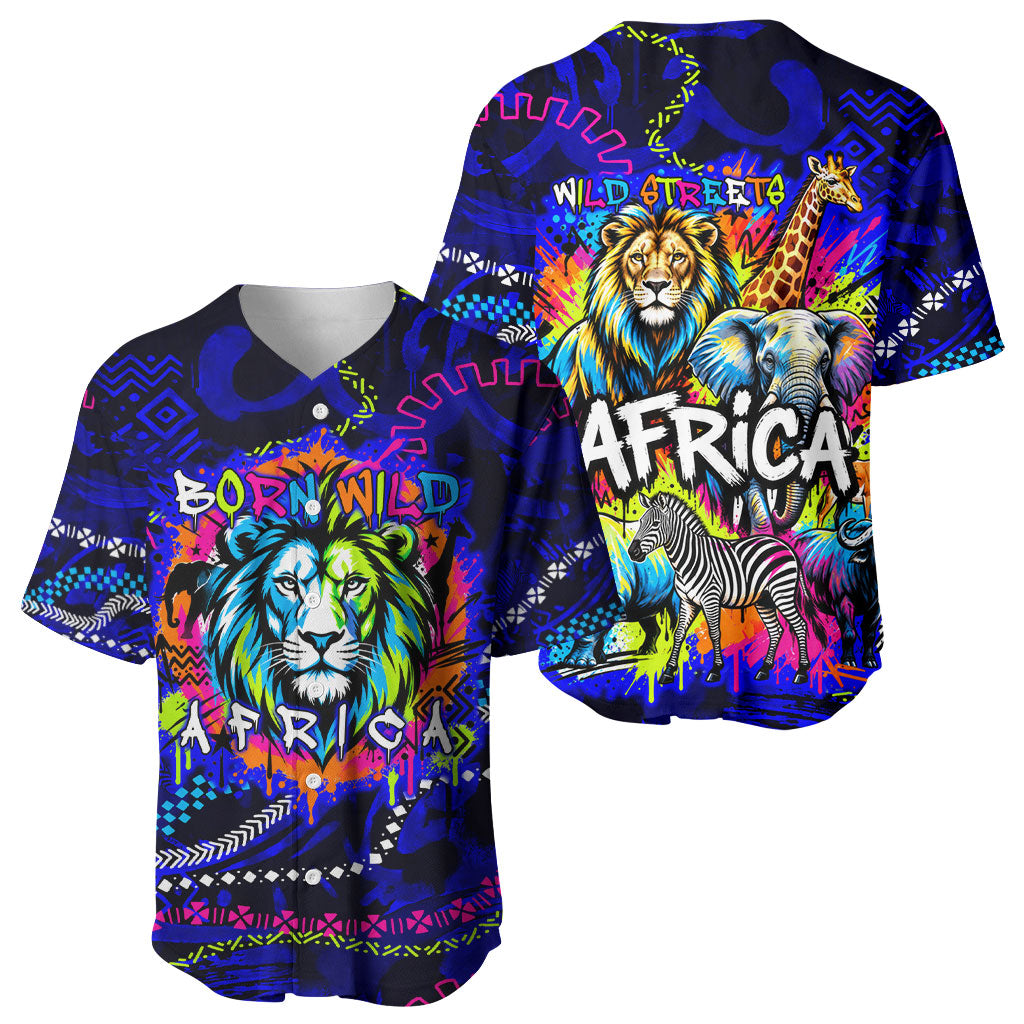 African Wildlife Born Wild Baseball Jersey Colorful Graffiti Street Art - Tribal Safari Lion Elephant