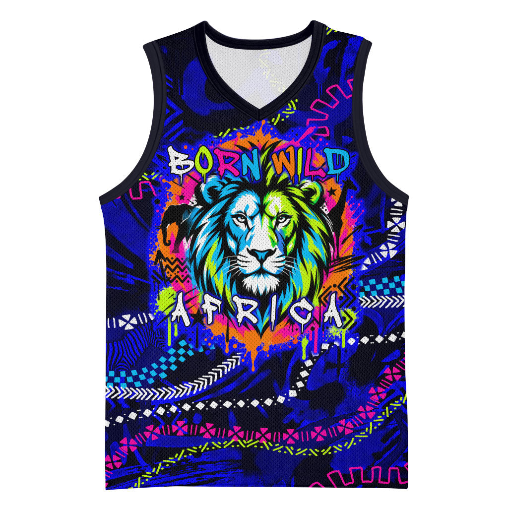 African Wildlife Born Wild Basketball Jersey Colorful Graffiti Street Art - Tribal Safari Lion Elephant