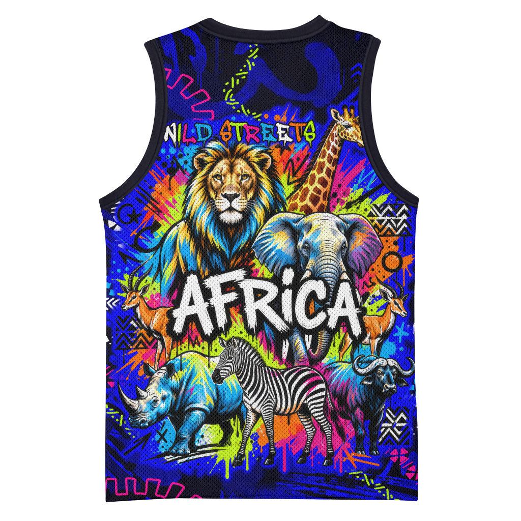 African Wildlife Born Wild Basketball Jersey Colorful Graffiti Street Art - Tribal Safari Lion Elephant