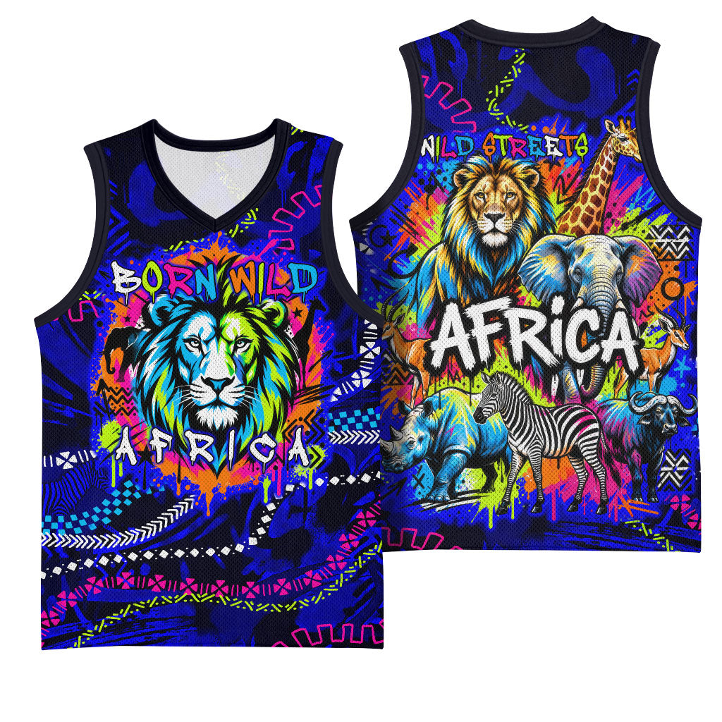 African Wildlife Born Wild Basketball Jersey Colorful Graffiti Street Art - Tribal Safari Lion Elephant