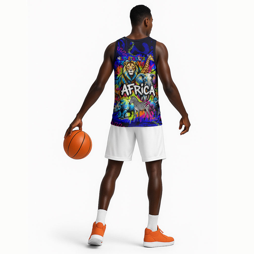 African Wildlife Born Wild Basketball Jersey Colorful Graffiti Street Art - Tribal Safari Lion Elephant
