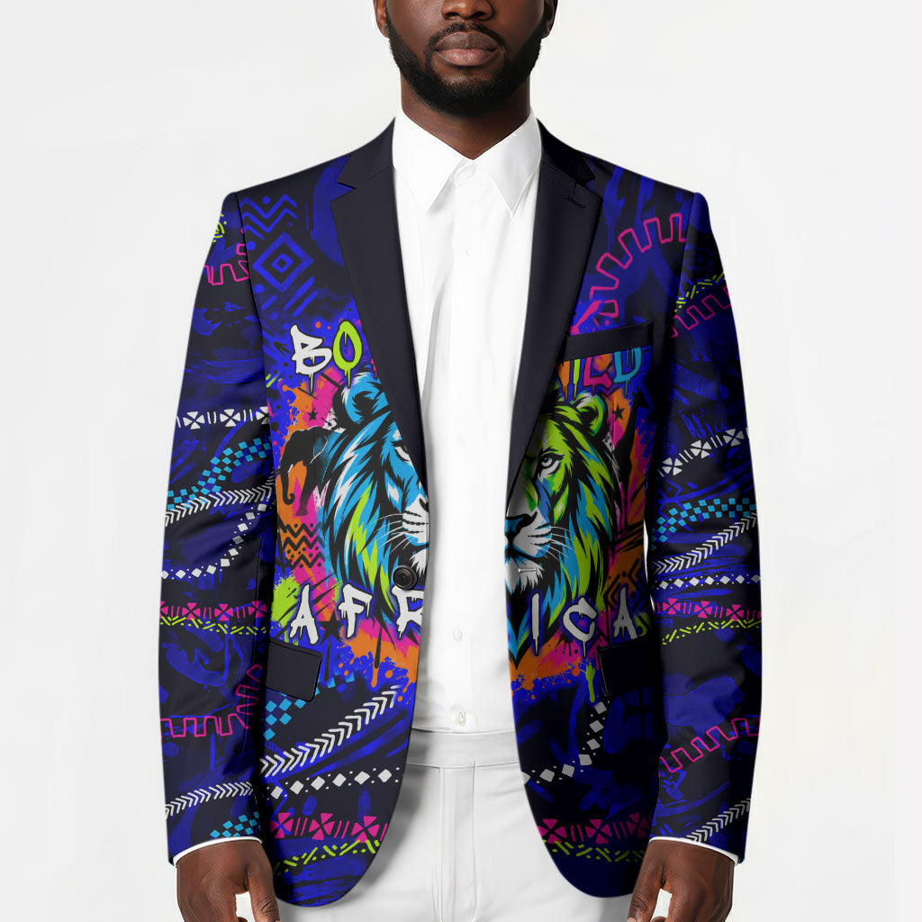 African Wildlife Born Wild Blazer Colorful Graffiti Street Art - Tribal Safari Lion Elephant