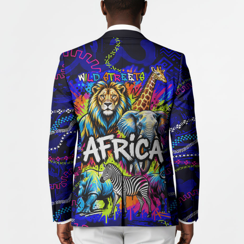 African Wildlife Born Wild Blazer Colorful Graffiti Street Art - Tribal Safari Lion Elephant