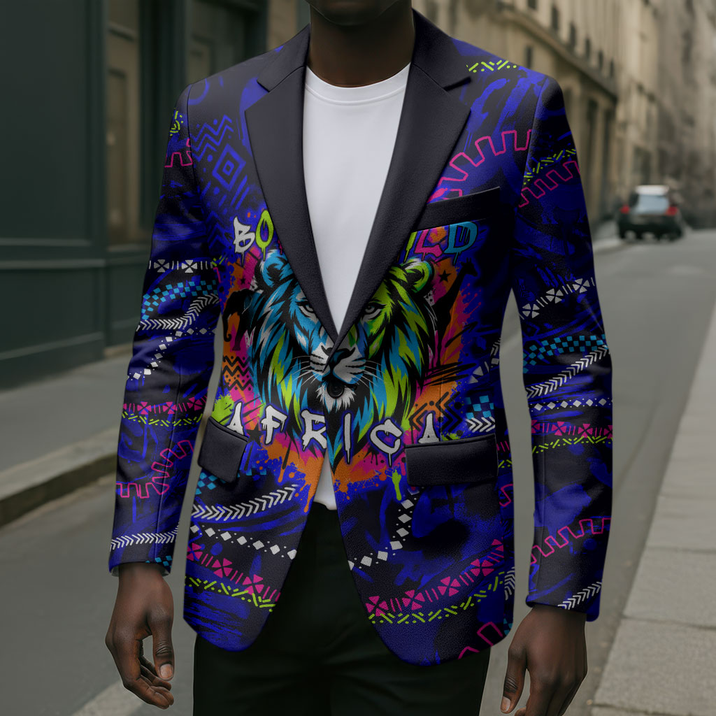 African Wildlife Born Wild Blazer Colorful Graffiti Street Art - Tribal Safari Lion Elephant