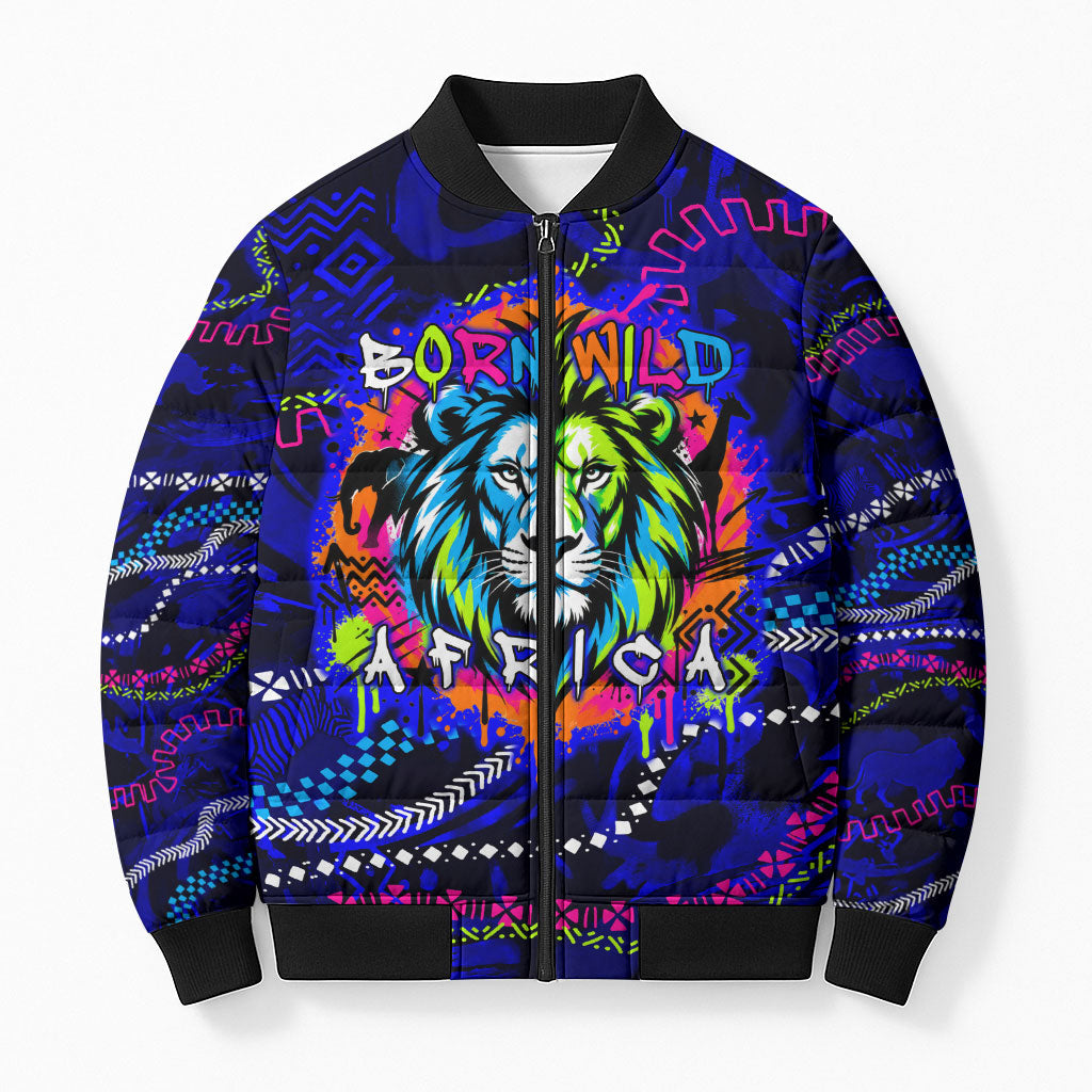 African Wildlife Born Wild Bomber Puffer Jacket Colorful Graffiti Street Art - Tribal Safari Lion Elephant
