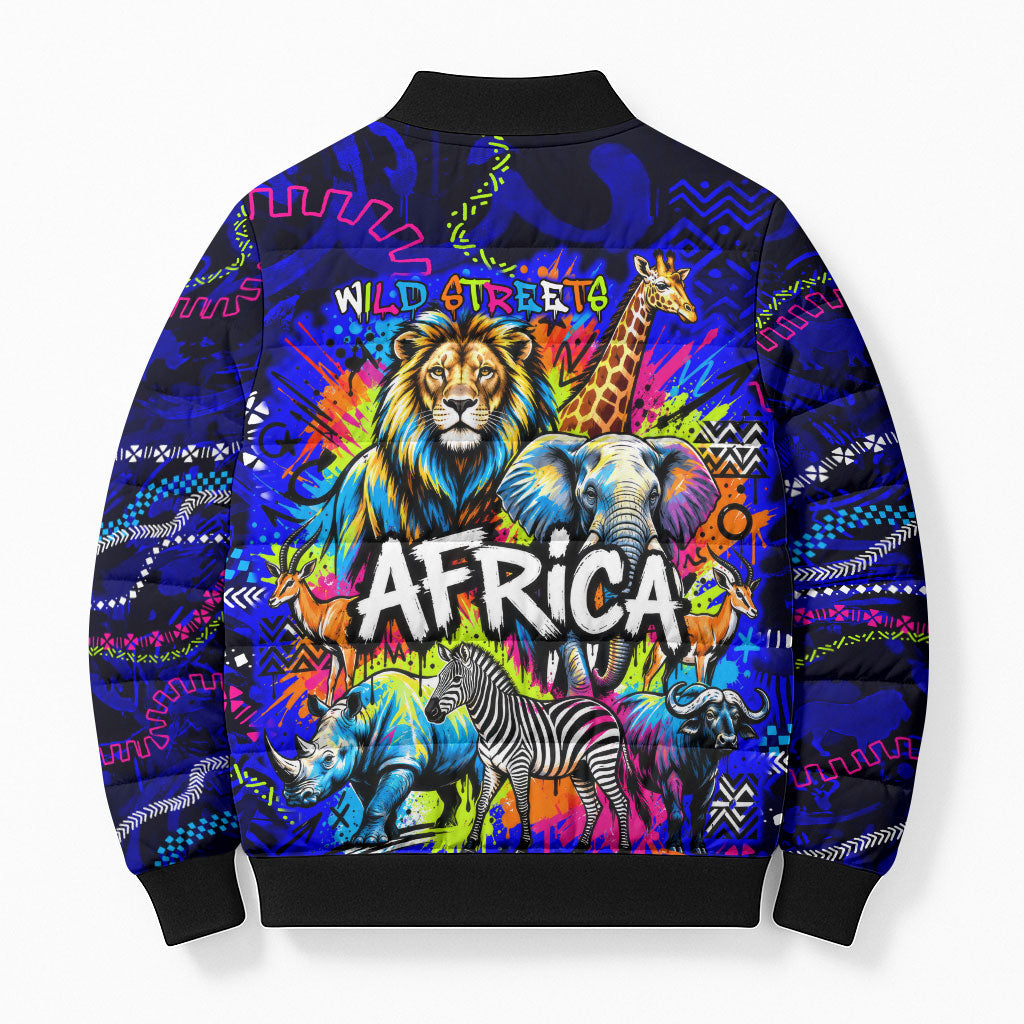 African Wildlife Born Wild Bomber Puffer Jacket Colorful Graffiti Street Art - Tribal Safari Lion Elephant