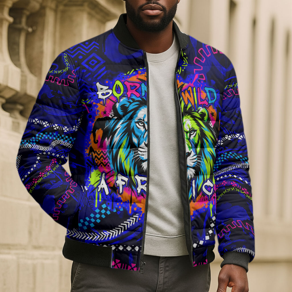 African Wildlife Born Wild Bomber Puffer Jacket Colorful Graffiti Street Art - Tribal Safari Lion Elephant