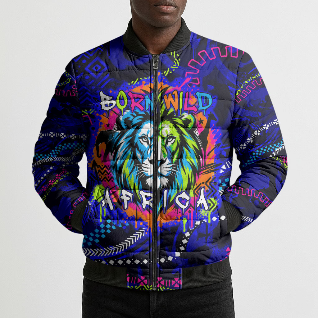 African Wildlife Born Wild Bomber Puffer Jacket Colorful Graffiti Street Art - Tribal Safari Lion Elephant