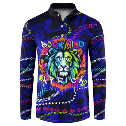 African Wildlife Born Wild Button Sweatshirt Colorful Graffiti Street Art - Tribal Safari Lion Elephant