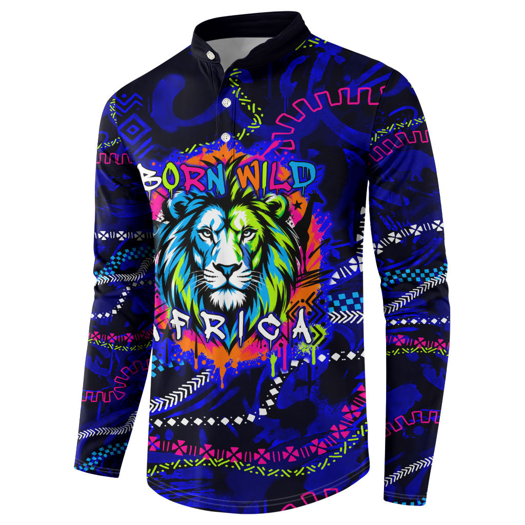 African Wildlife Born Wild Button Sweatshirt Colorful Graffiti Street Art - Tribal Safari Lion Elephant