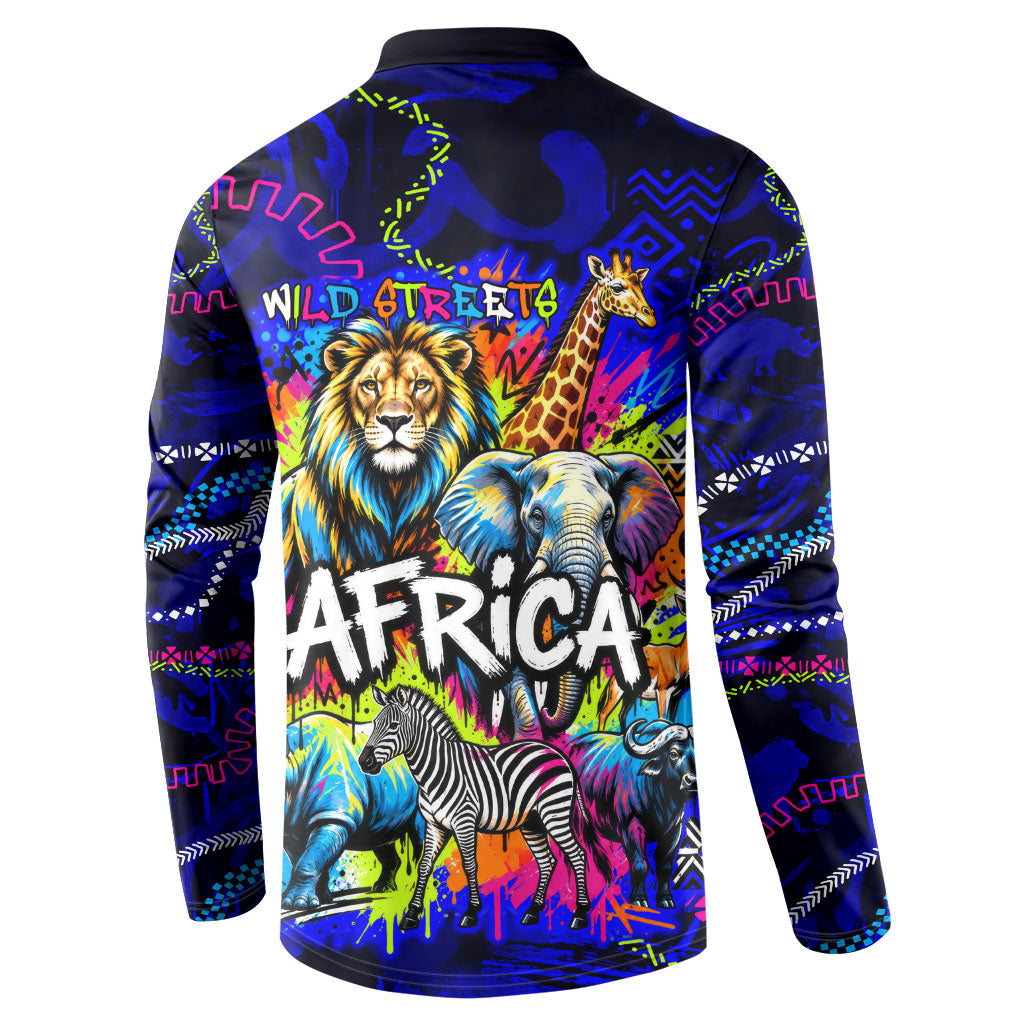 African Wildlife Born Wild Button Sweatshirt Colorful Graffiti Street Art - Tribal Safari Lion Elephant
