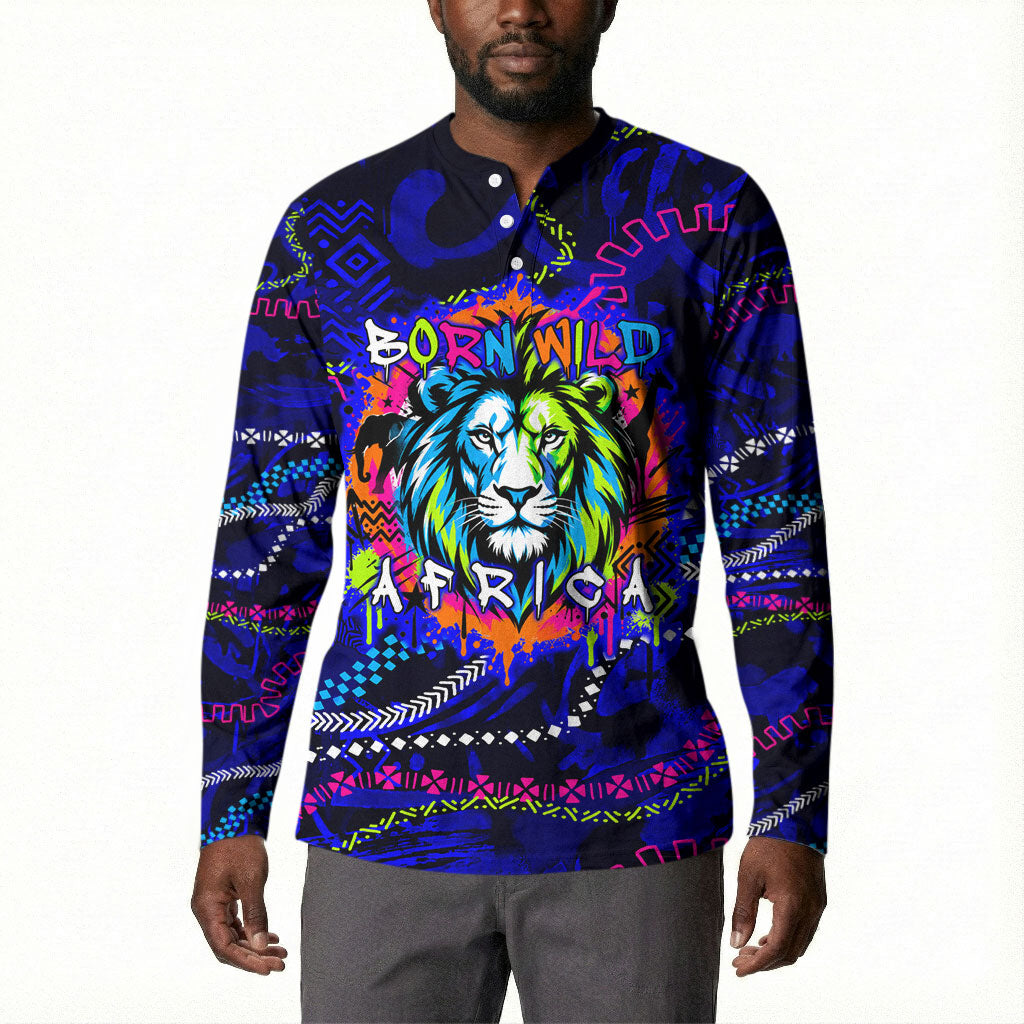 African Wildlife Born Wild Button Sweatshirt Colorful Graffiti Street Art - Tribal Safari Lion Elephant