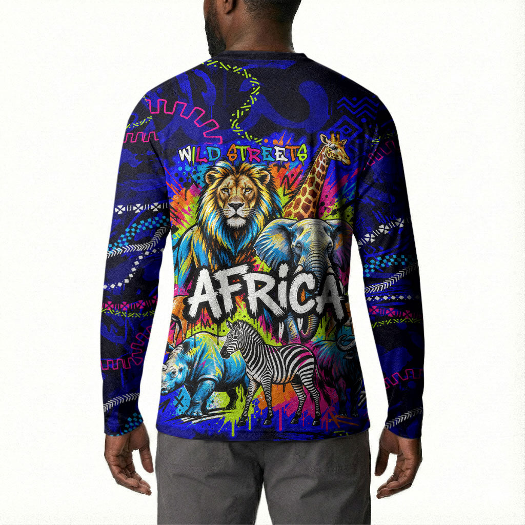 African Wildlife Born Wild Button Sweatshirt Colorful Graffiti Street Art - Tribal Safari Lion Elephant