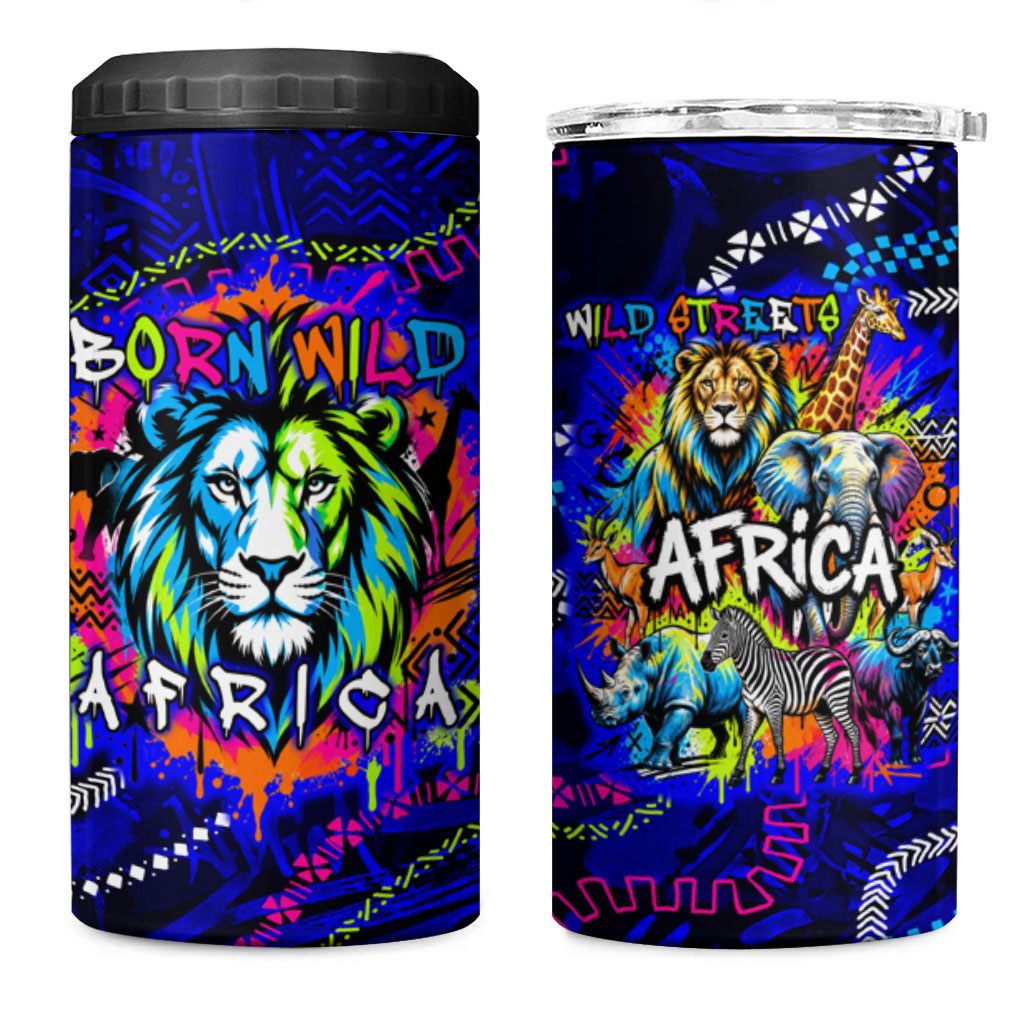 African Wildlife Born Wild 4 in 1 Can Cooler Tumbler Colorful Graffiti Street Art - Tribal Safari Lion Elephant