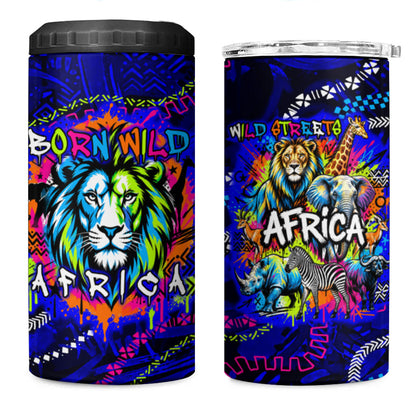 African Wildlife Born Wild 4 in 1 Can Cooler Tumbler Colorful Graffiti Street Art - Tribal Safari Lion Elephant