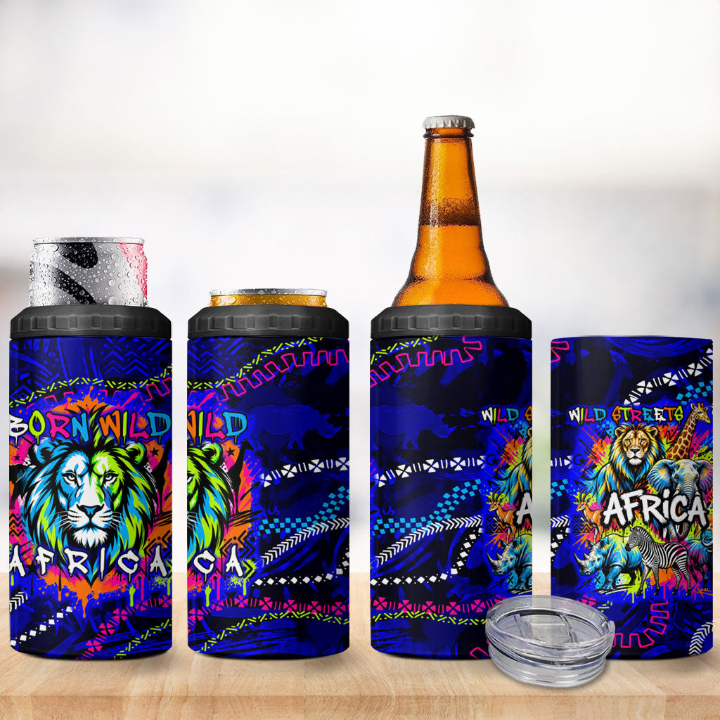 African Wildlife Born Wild 4 in 1 Can Cooler Tumbler Colorful Graffiti Street Art - Tribal Safari Lion Elephant