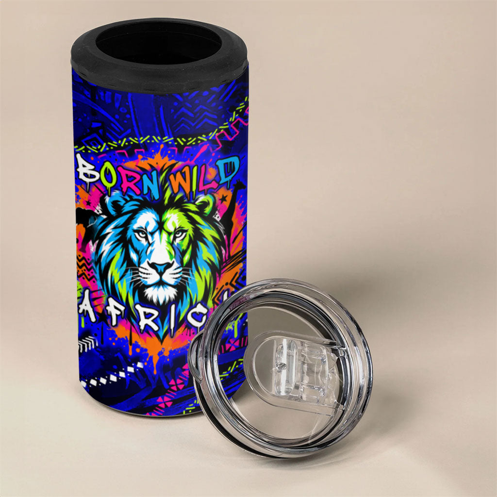 African Wildlife Born Wild 4 in 1 Can Cooler Tumbler Colorful Graffiti Street Art - Tribal Safari Lion Elephant