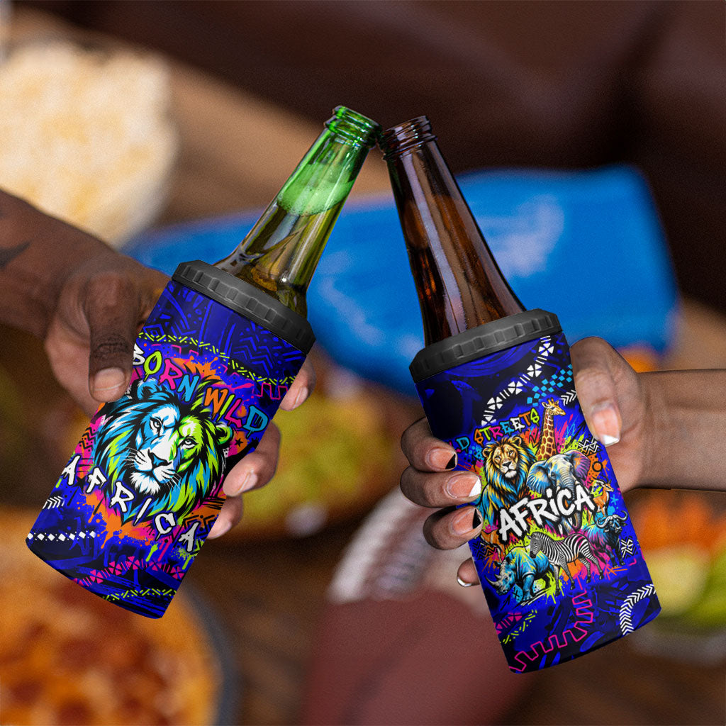 African Wildlife Born Wild 4 in 1 Can Cooler Tumbler Colorful Graffiti Street Art - Tribal Safari Lion Elephant