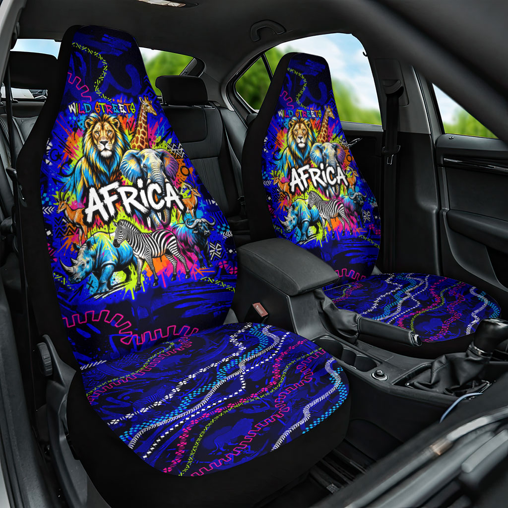 African Wildlife Born Wild Car Seat Cover Colorful Graffiti Street Art - Tribal Safari Lion Elephant