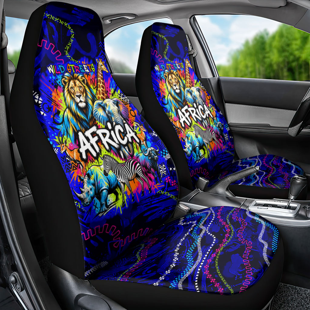African Wildlife Born Wild Car Seat Cover Colorful Graffiti Street Art - Tribal Safari Lion Elephant