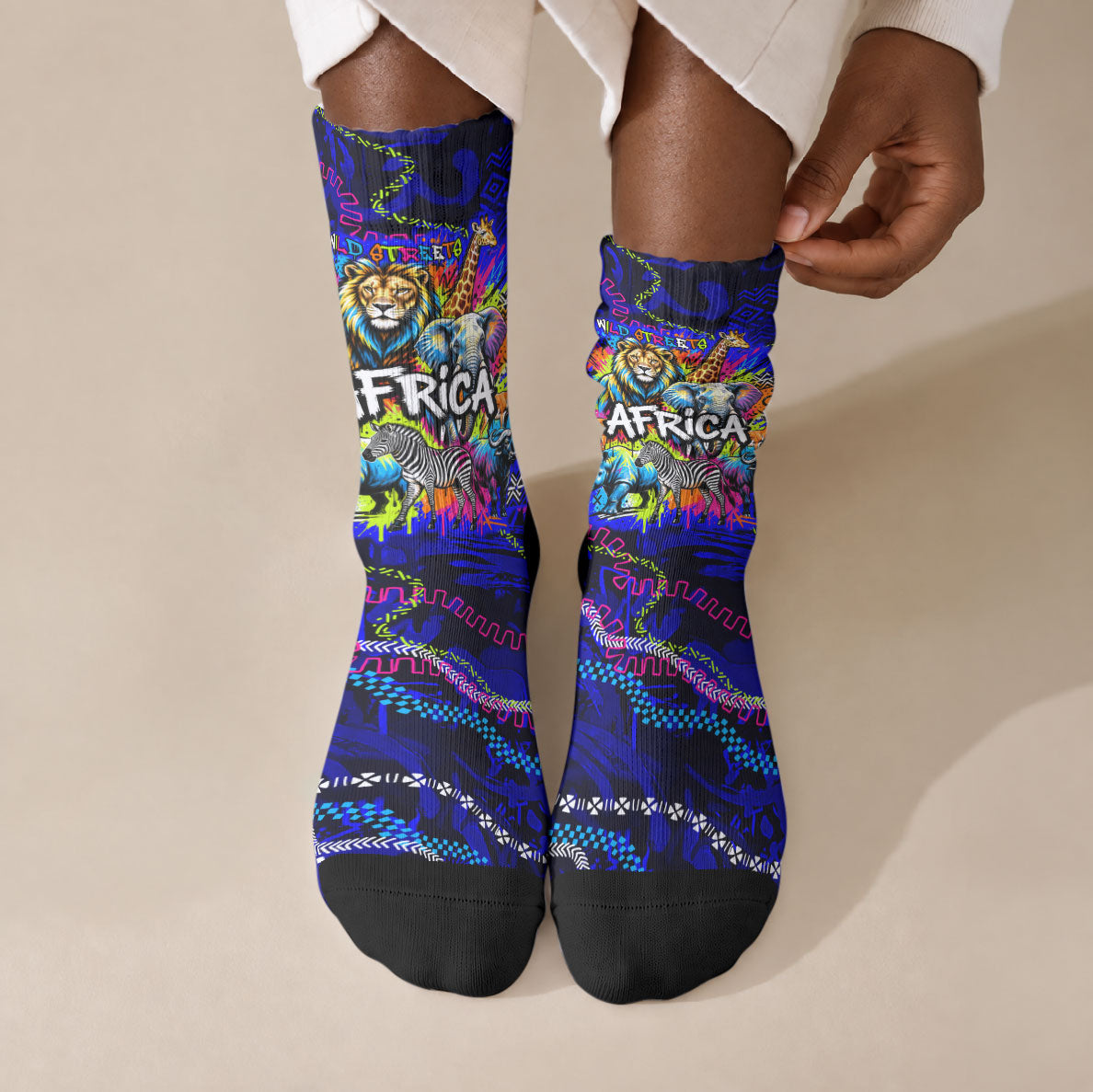 African Wildlife Born Wild Crew Socks Colorful Graffiti Street Art - Tribal Safari Lion Elephant