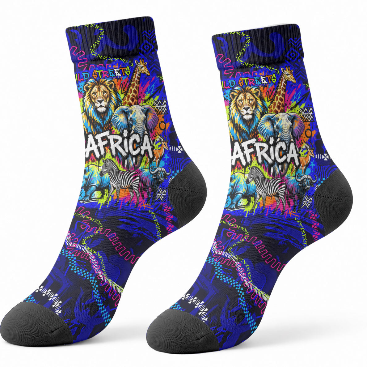 African Wildlife Born Wild Crew Socks Colorful Graffiti Street Art - Tribal Safari Lion Elephant