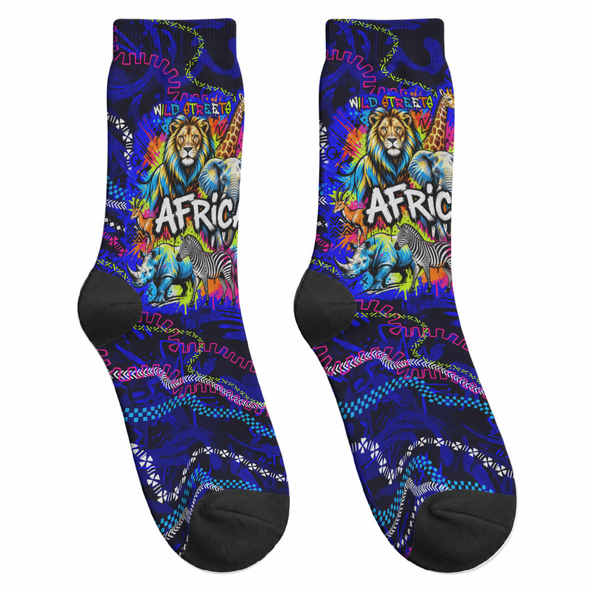 African Wildlife Born Wild Crew Socks Colorful Graffiti Street Art - Tribal Safari Lion Elephant