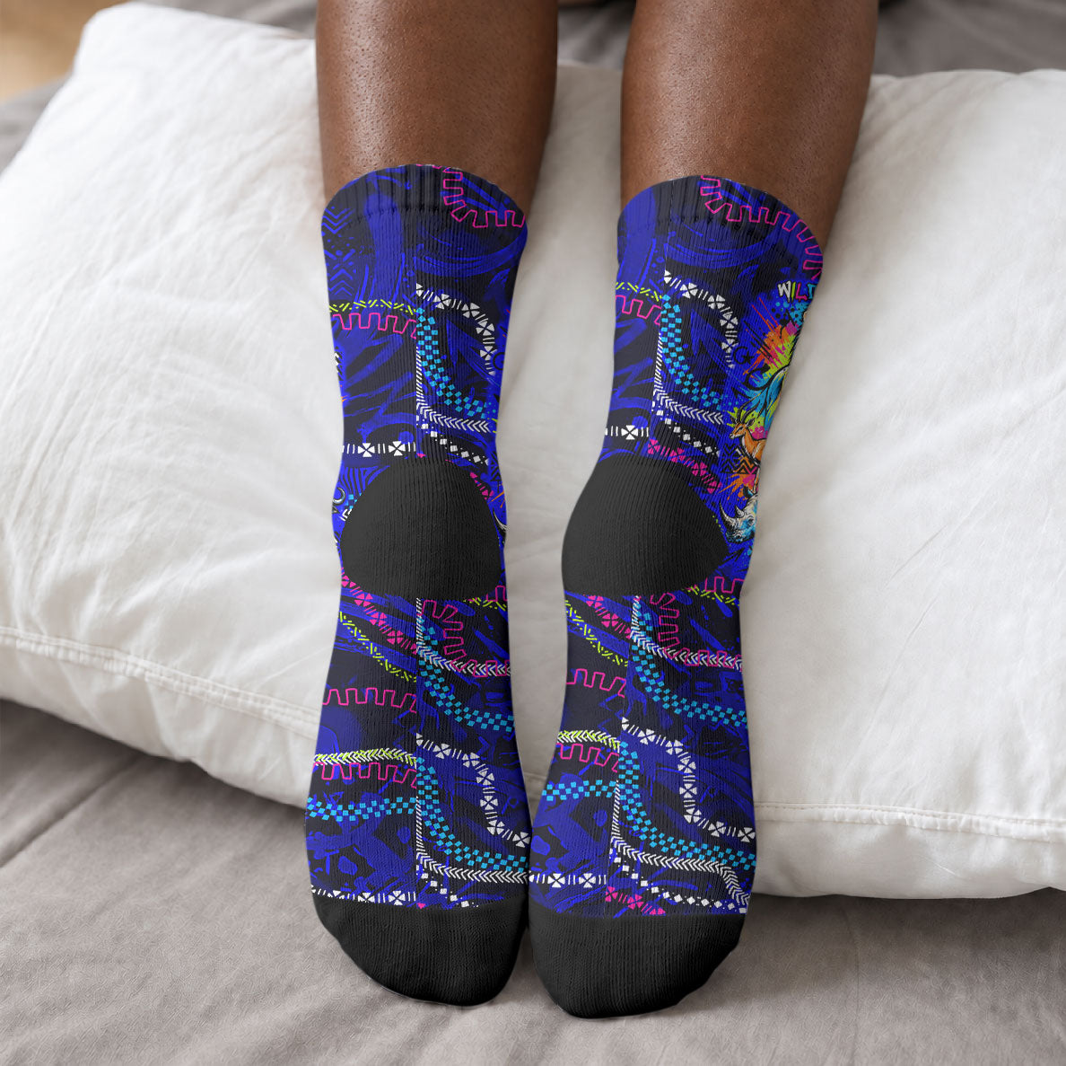 African Wildlife Born Wild Crew Socks Colorful Graffiti Street Art - Tribal Safari Lion Elephant