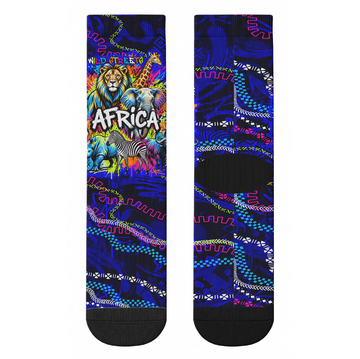 African Wildlife Born Wild Crew Socks Colorful Graffiti Street Art - Tribal Safari Lion Elephant